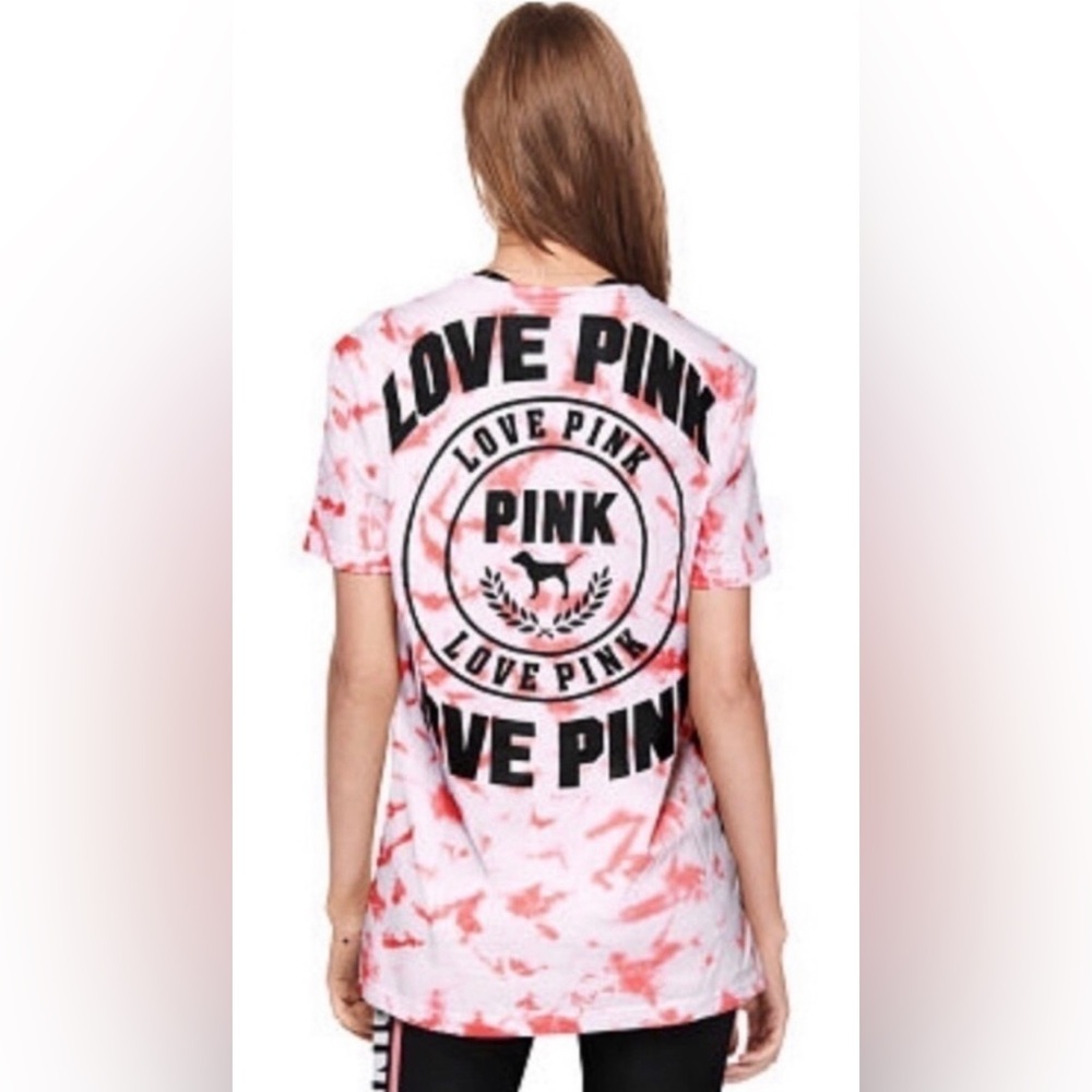 VS PINK TIE DYE OVERSIZED CAMPUS SHORT SLEEVE TEE LOGO PINK/BLK SIZE XS T-SHIRT - Picture 2 of 10